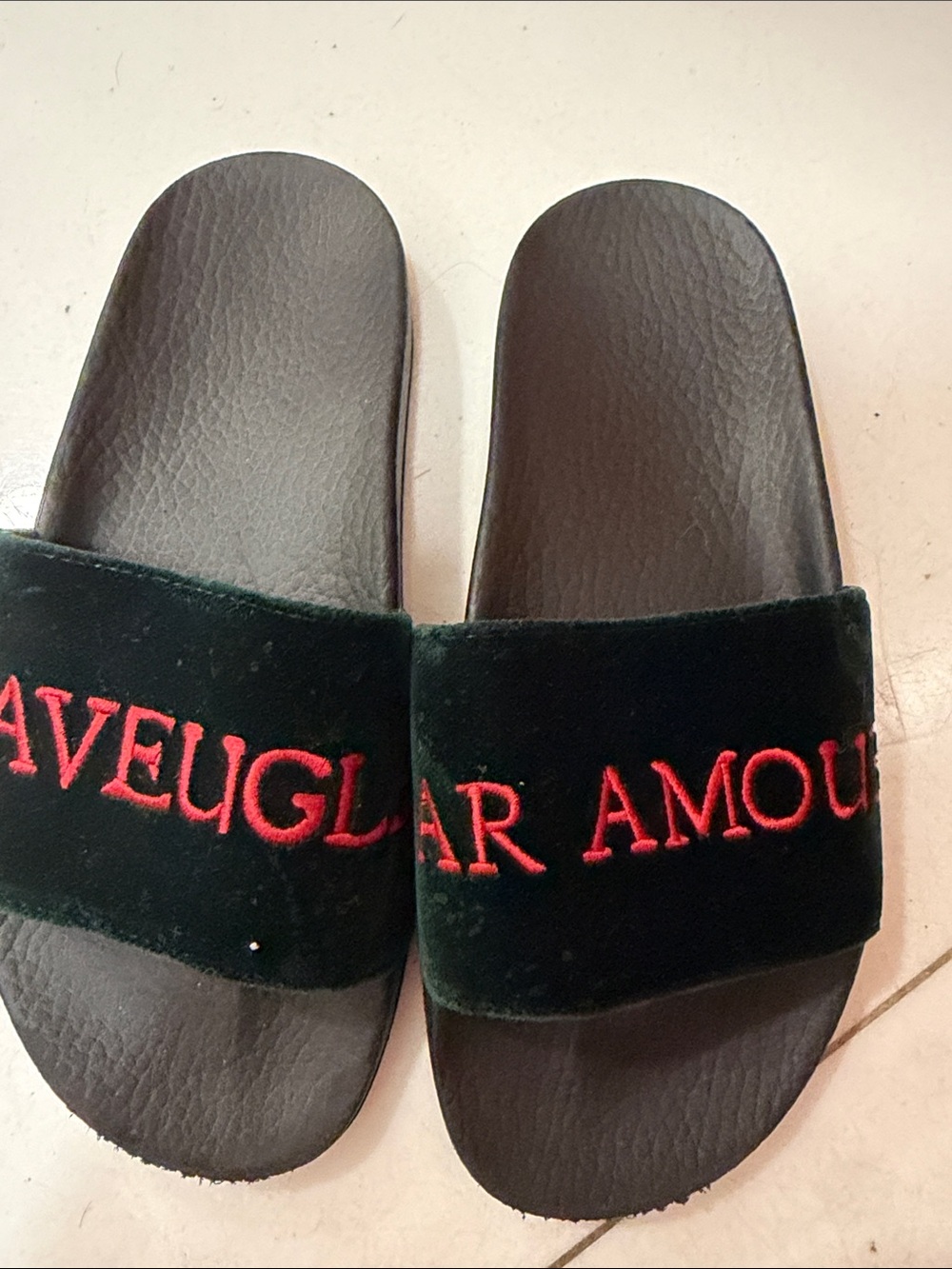 Gucci Dark Green Velvet Slides with Red Embroidery